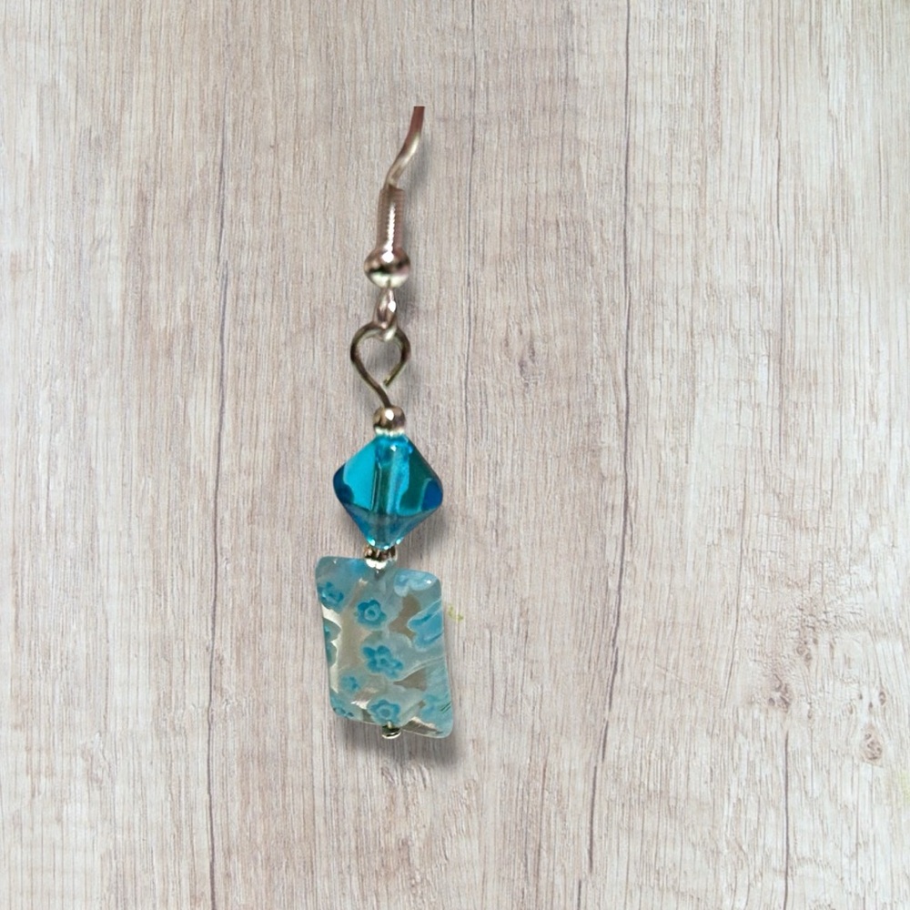 Hand Crafted Glass Flower Earrings Aqua Blue Long Dangle 925 Silver - Picture 5 of 5